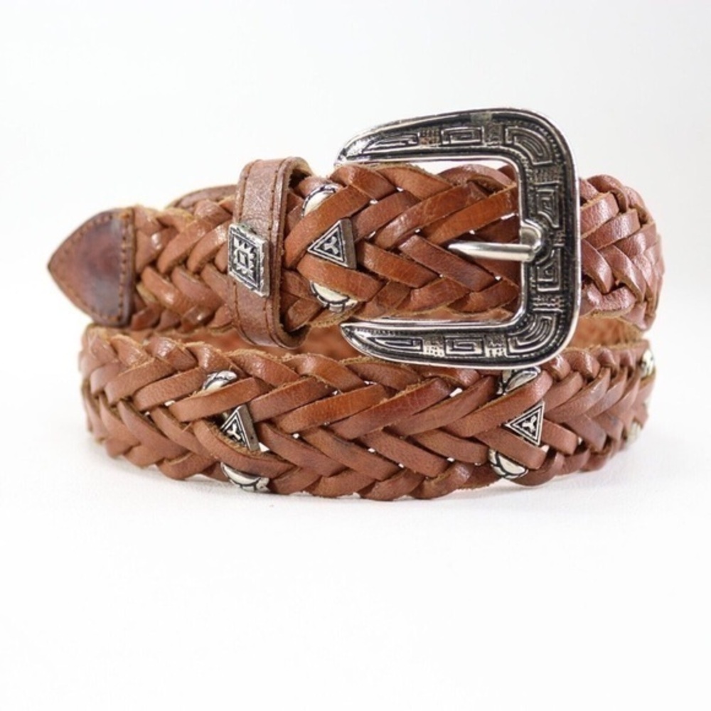 Vintage 1990s Braided Leather Belt with Silver Buckle and details